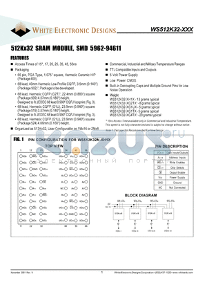 WS512K32 datasheet - 512K X 32 SRAM MODULE SMD 5962-94611