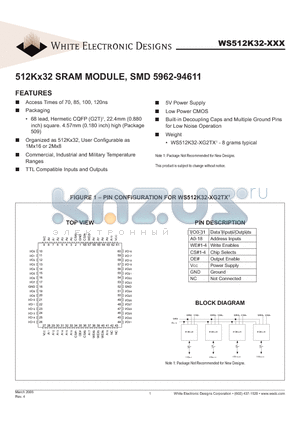 WS512K32-100G2TCA datasheet - 512Kx32 SRAM MODULE, SMD 5962-94611