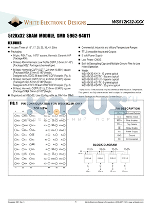 WS512K32-15G1 datasheet - 512K X 32 SRAM MODULE SMD 5962-94611