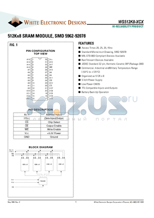 WS512K8-20CQ datasheet - 512Kx8 SRAM MODULE, SMD 5962-92078