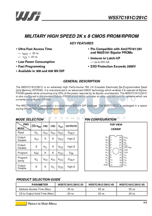 WS57C191C datasheet - MILITARY HIGH SPEED 2K x 8 CMOS PROM/RPROM