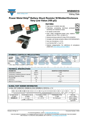WSBM8518 datasheet - Power Metal Strip^ Battery Shunt Resistor W/Molded Enclosure Very Low Value (100 l)