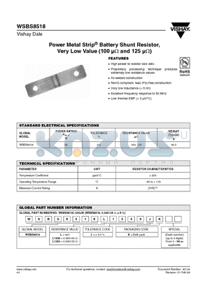 WSBS8518 datasheet - Power Metal Strip^ Battery Shunt Resistor, Very Low Value (100 lY and 125 lY)