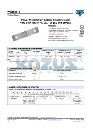 WSBS8518_10 datasheet - Power Metal Strip^ Battery Shunt Resistor, Very Low Value (100 lY, 125 lY, and 250 lY)