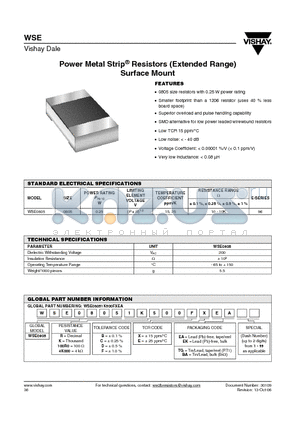 WSE0805100R0BEEA datasheet - Power Metal Strip^ Resistors (Extended Range) Surface Mount