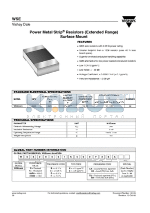 WSE0805100R0DEEK datasheet - Power Metal Strip^ Resistors (Extended Range) Surface Mount