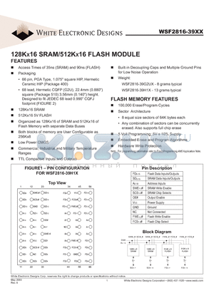 WSF2816-39G2UC datasheet - 128KX16 SRAM/512KX16 FLASH MODULE