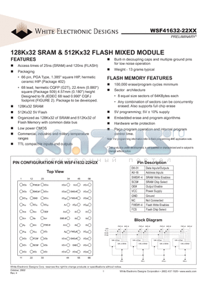 WSF41632-22G2TM datasheet - 128KX32 SRAM & 512Kx32 FLASH MIXED MODULE