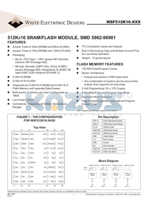 WSF512K16-35G2I datasheet - 512KX16 SRAM/FLASH MODULE, SMD 5962-96901