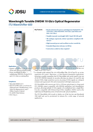 WSH-600DX10SA datasheet - Wavelength Tunable DWDM 10 Gb/s Optical Regenerator
