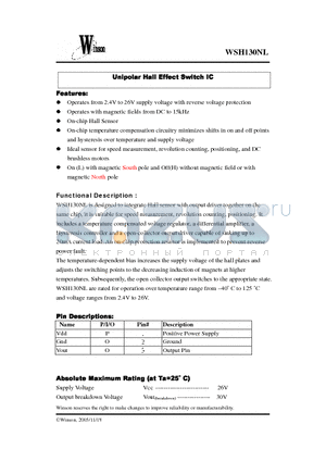 WSH130NL-XPAN5 datasheet - Unipolar Hall Effect Switch IC