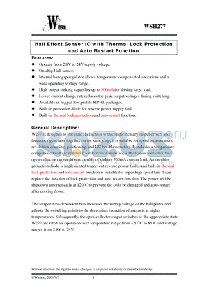 WSH277 datasheet - Hall Effect Sensor IC with Thermal Lock Protection and Auto Restart Function