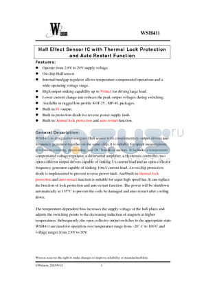 WSH411-XPA2 datasheet - Hall Effect Sensor IC with Thermal Lock Protection and Auto Restart Function