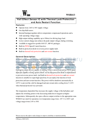 WSH413-XPDN datasheet - Hall Effect Sensor IC with Thermal Lock Protection and Auto Restart Function