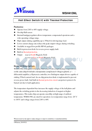 WSH413NL datasheet - Hall Effect Switch IC with Thermal Protection