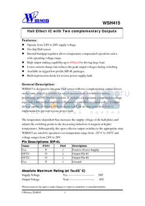 WSH415 datasheet - Hall Effect IC with Two complementary Outputs