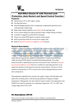 WSH41S-XPD1 datasheet - Hall Effect Sensor IC with Thermal Lock Protection ,Auto Restart and Speed Control Function