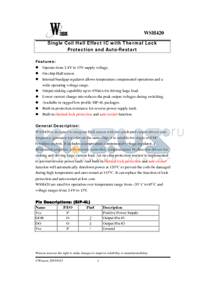 WSH420-XPAN1 datasheet - Single Coil Hall Effect IC with Thermal Lock Protection and Auto-Restart