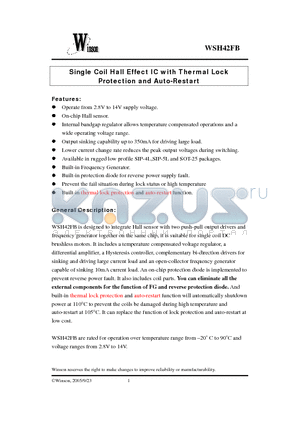 WSH42FB-XPA1 datasheet - Single Coil Hall Effect IC with Thermal Lock Protection and Auto-Restart