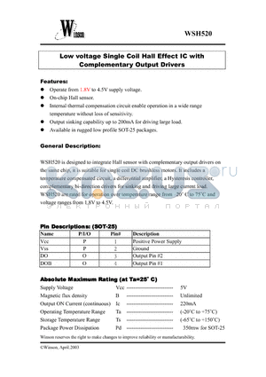 WSH520-XPD2 datasheet - Low voltage Single Coil Hall Effect IC with Complementary Output Drivers