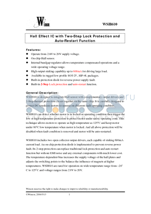 WSH610 datasheet - Hall Effect IC with Two-Step Lock Protection and Auto-Restart Function