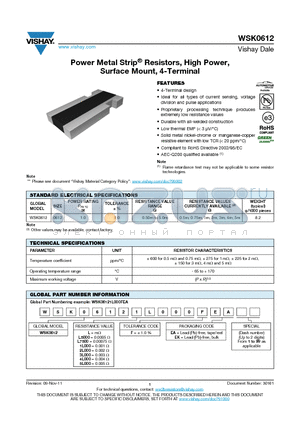 WSK0612 datasheet - Power Metal Strip^ Resistors, High Power, Surface Mount, 4-Terminal