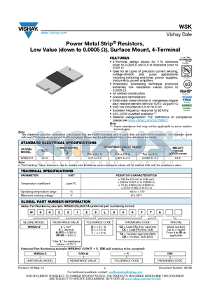 WSK25121L000FEA datasheet - Power Metal Strip Resistors, Low Value (down to 0.0005 Ohm), Surface Mount, 4-Terminal