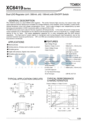 XC6419AA01ER datasheet - Dual LDO Regulator (ch1: 300mA, ch2: 100mA) with ON/OFF Switch