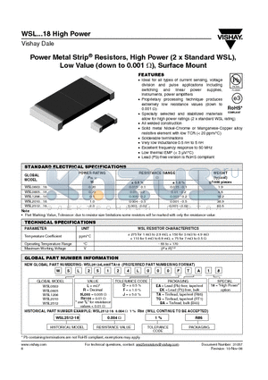 WSL12065L000DTG18 datasheet - Power Metal Strip^ Resistors, High Power (2 x Standard WSL), Low Value (down to 0.001 Y), Surface Mount