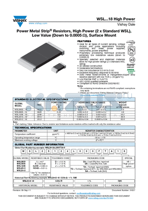 WSL1206R0400FEA18 datasheet - Power Metal Strip^ Resistors, High Power (2 x Standard WSL), Low Value (Down to 0.0005 Ohm), Surface Mount