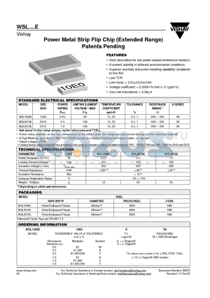 WSL1506E datasheet - Power Metal Strip Flip Chip (Extended Range) Patents Pending