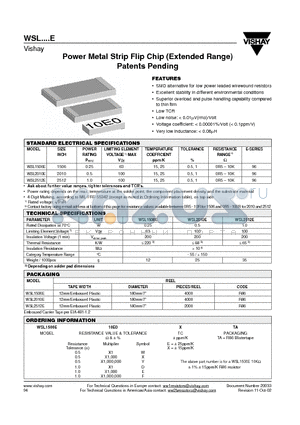 WSL1506E10E0EE datasheet - Power Metal Strip Flip Chip (Extended Range) Patents Pending
