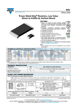 WSL2010R0500FEA datasheet - Power Metal Strip^ Resistors, Low Value (Down to 0.0005 Ohm), Surface Mount
