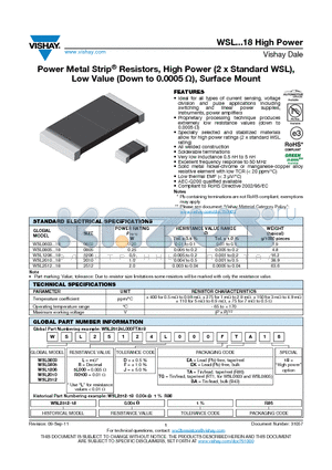 WSL25122L000FEA18 datasheet - Power Metal Strip^ Resistors, High Power (2 x Standard WSL) Low Value Surface Mount