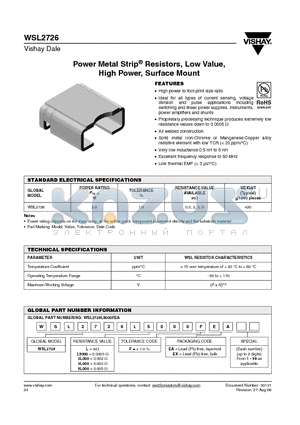 WSL27263L000FEK datasheet - Power Metal Strip^ Resistors, Low Value, High Power, Surface Mount