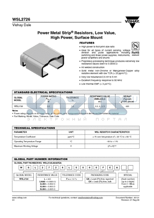 WSL27265L000FEA datasheet - Power Metal Strip^ Resistors, Low Value, High Power, Surface Mount