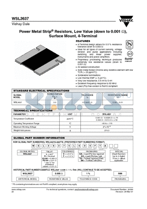 WSL36375L000DEA datasheet - Power Metal Strip^ Resistors, Low Value (down to 0.001 Y), Surface Mount, 4-Terminal