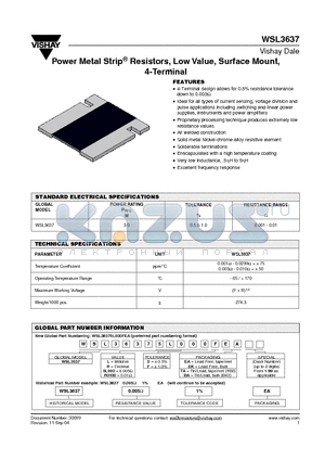 WSL3637 datasheet - Power Metal Strip Resistors, Low Value, Surface Mount, 4-Terminal