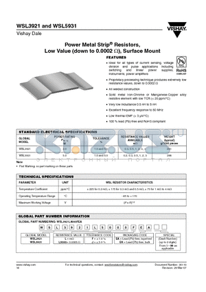 WSL3921 datasheet - Power Metal Strip^ Resistors, Low Value (down to 0.0002 Y), Surface Mount