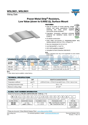 WSL39211L000FEA datasheet - Power Metal Strip Resistors, Low Value (down to 0.0002 Ohm), Surface Mount