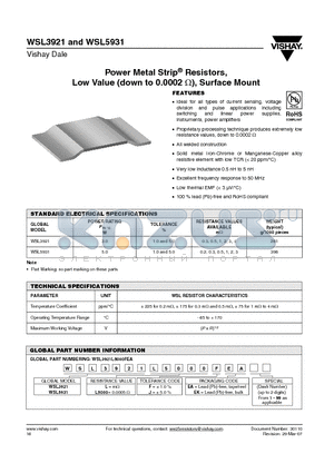 WSL3921L5000FEK datasheet - Power Metal Strip^ Resistors, Low Value (down to 0.0002 Y), Surface Mount