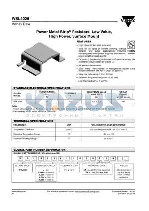 WSL40263L000FEA datasheet - Power Metal Strip^ Resistors, Low Value, High Power, Surface Mount