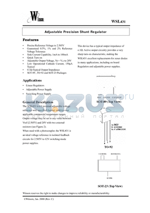 WSL431 datasheet - Adjustable Precision Shunt Regulator