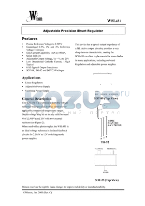 WSL431-XPA4 datasheet - Adjustable Precision Shunt Regulator
