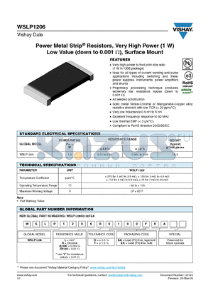 WSLP1206 datasheet - Power Metal Strip Resistors, very High power(1W) Low Value (down to 0.001R), surface Mount