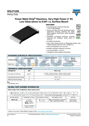 WSLP1206R0100DEA datasheet - Power Metal Strip Resistors, very High power(1W) Low Value (down to 0.001R), surface Mount