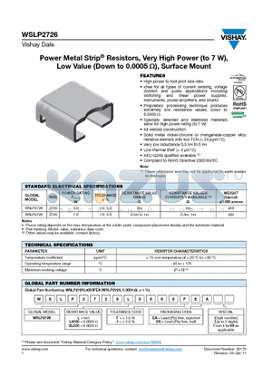 WSLP2726 datasheet - Power Metal Strip^ Resistors, Very High Power (to 7 W),Low Value (Down to 0.0005), Surface Mount
