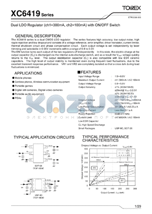 XC6419BC01ER datasheet - Dual LDO Regulator (ch1=300mA, ch2=100mA) with ON/OFF Switch