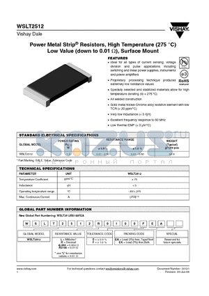 WSLT2512 datasheet - Power Metal Strip^ Resistors, High Temperature (275 `C) Low Value (down to 0.01 Y), Surface Mount