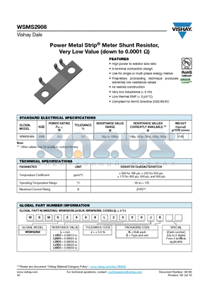 WSMS2908 datasheet - Power Metal Strip^ Meter Shunt Resistor, Very Low Value (down to 0.0001 Y)